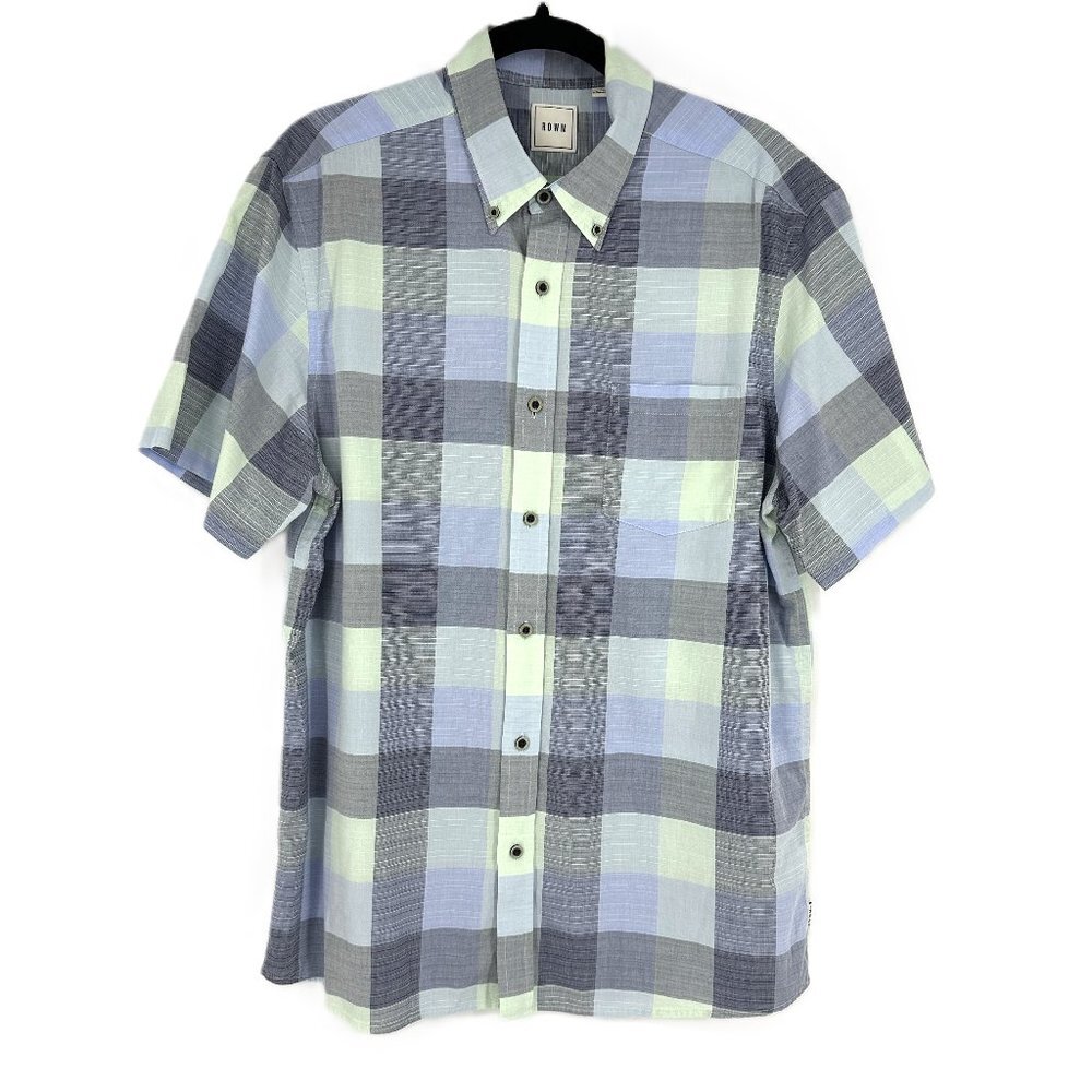 ROWM Men's Short Sleeve Blue Plaid Button Up Cotton Shirt Large